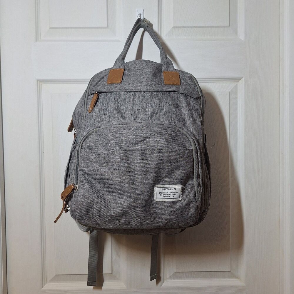 Tethys Grey Diaper Bag Backpack Baby Travel Changing Pad Multi Compartment